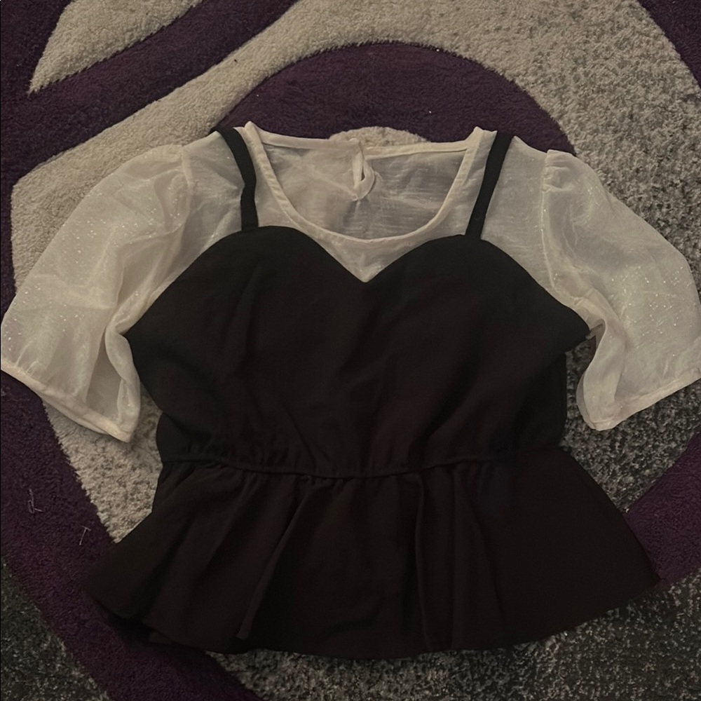 Black and White Peplum Blouse with Puff Sleeves